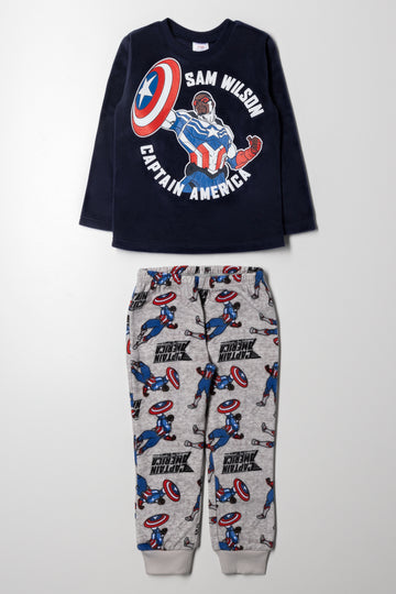 Captain America Fleece Long Sleeve Pyjamas Navy And Cream