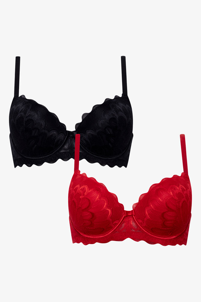 2 Pack Lace Balconette Bras Red And Black