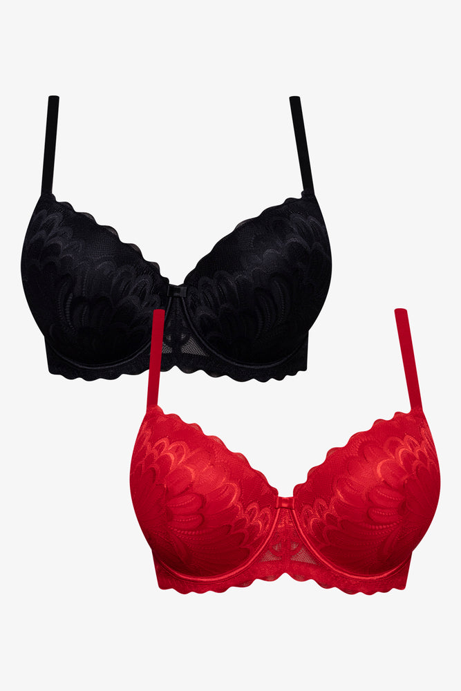 Plus Size 2 Pack Lace Balconette Bras Red And Black