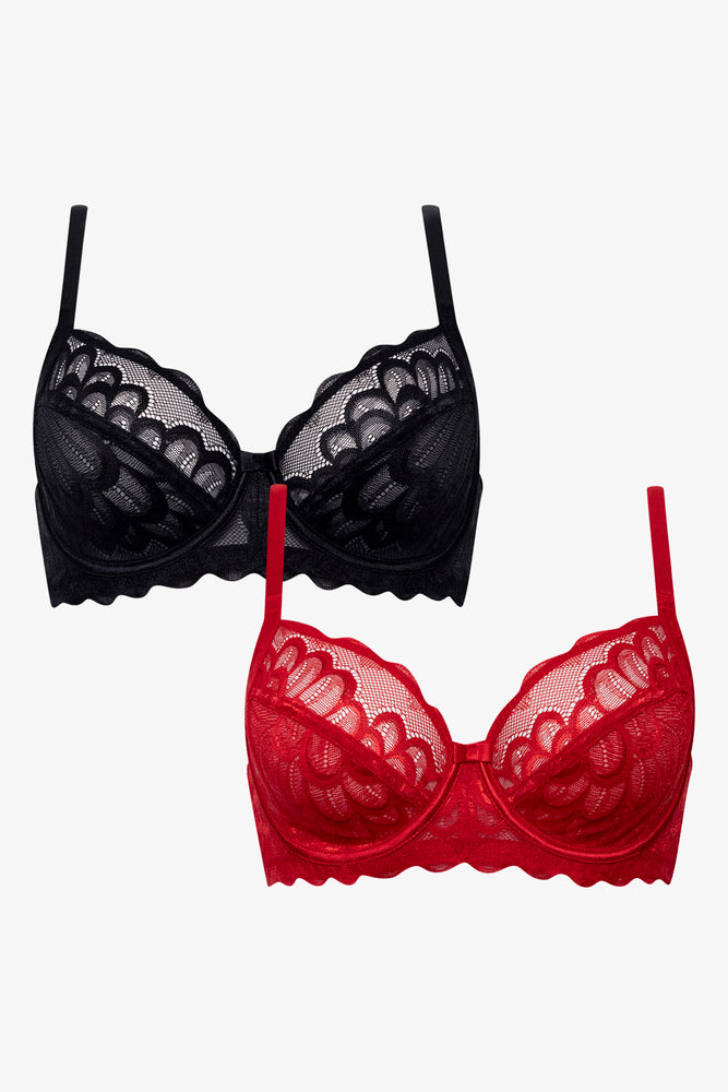 2 Pack Lace Non Padded Underwire Bras Red And Black