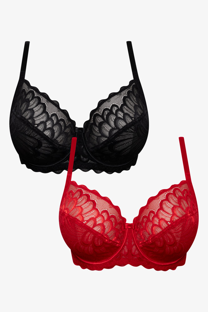 Plus size 2 Pack Lace Non Padded Underwire Bras Red And Black