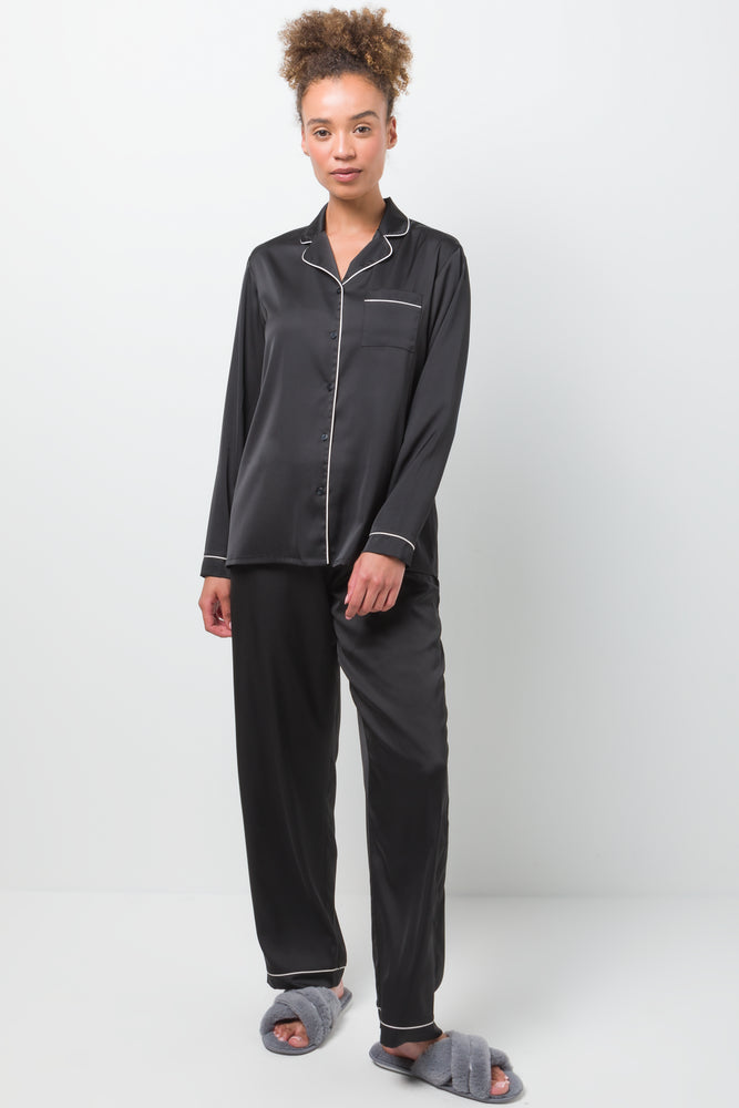 Long Sleeve Button Through Pyjamas Black