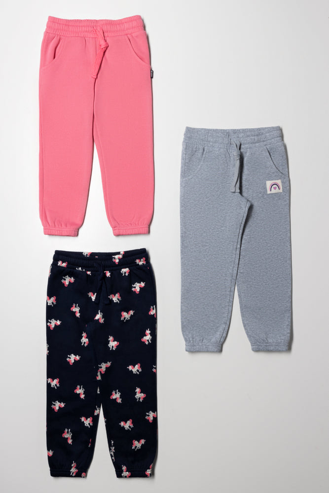 3 Pack Unicorn Trackpants Pink, Grey And Black