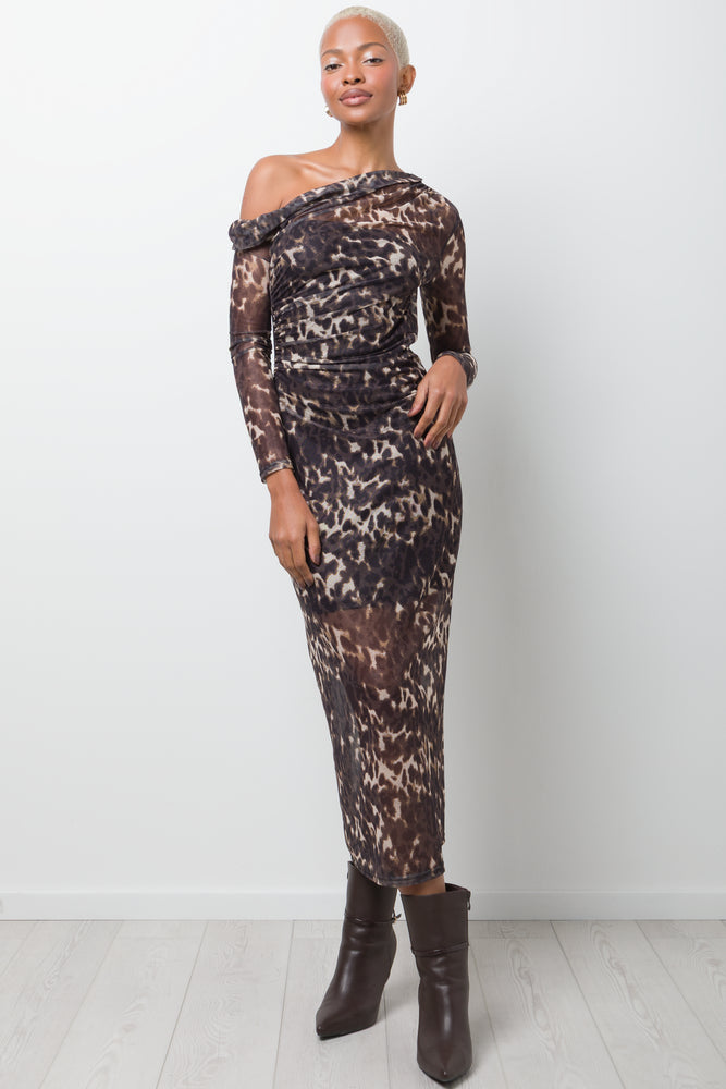 Mesh Animal Print Bodycon Dress Brown