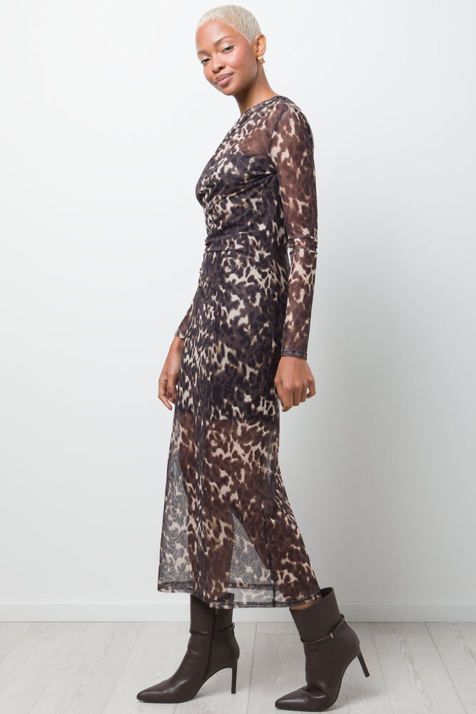 Mesh Animal Print Bodycon Dress Brown