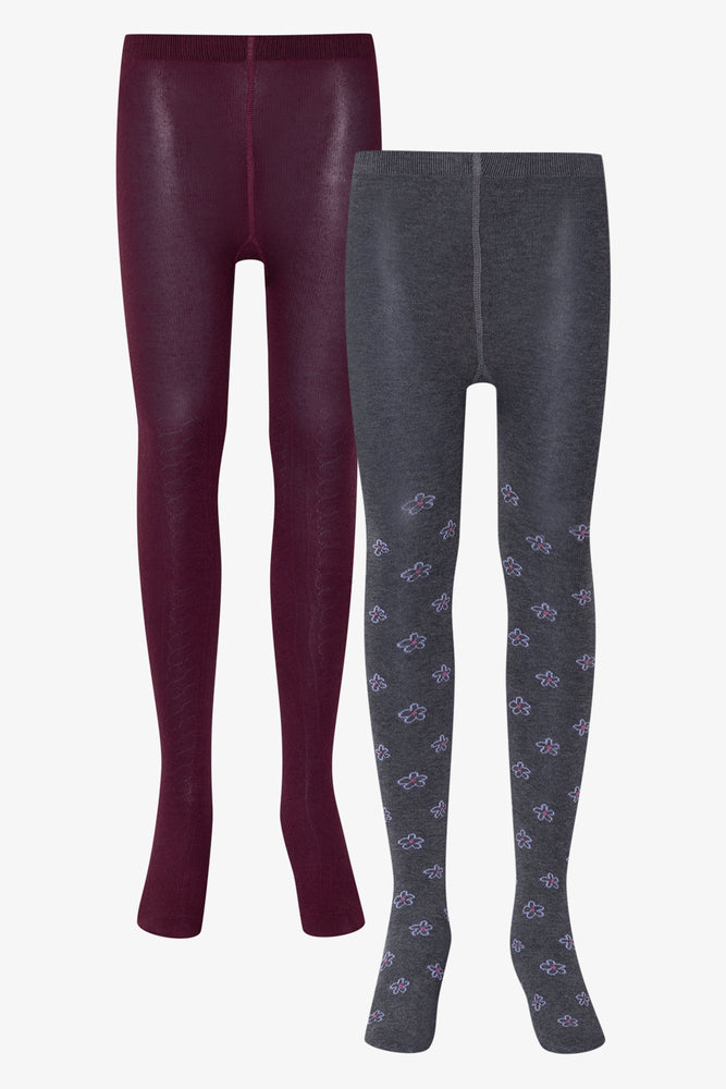 2 Pack Floral Tights Burgundy And Dark Grey