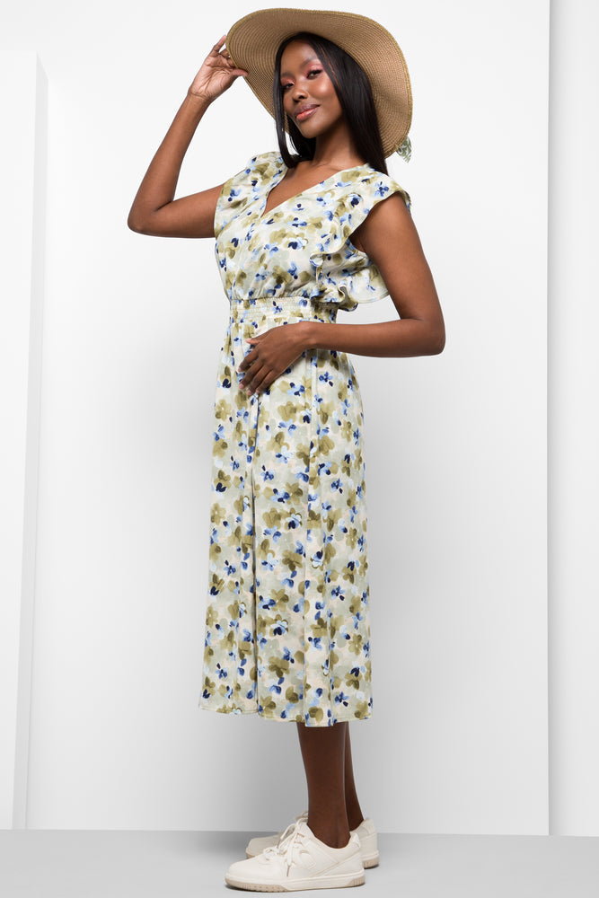 Smudge Floral Flutter Sleeve Dress Green