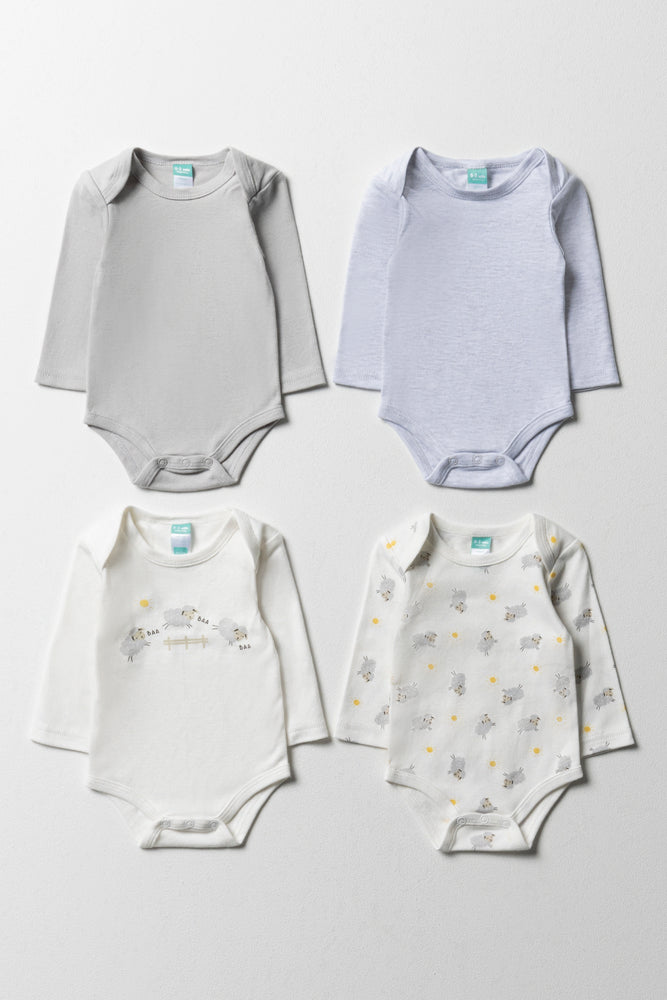 4 Pack Long Sleeve Bodyvests Grey, Blue And White