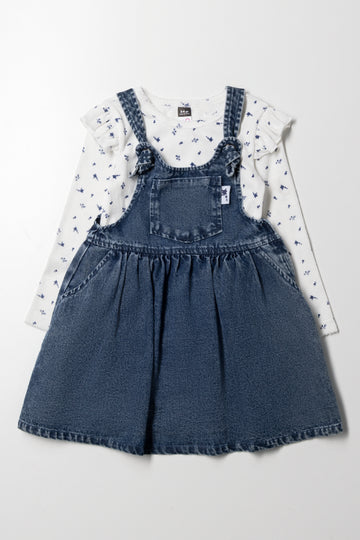 Denim Babydoll Dress And Long Sleeve T-Shirt Set Blue