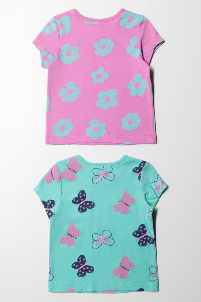 2 Pack Flower Butterfly Short Sleeve T-Shirts Pink & Aqua (3)