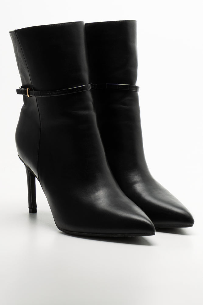 Croc Trim Stiletto Boots Black