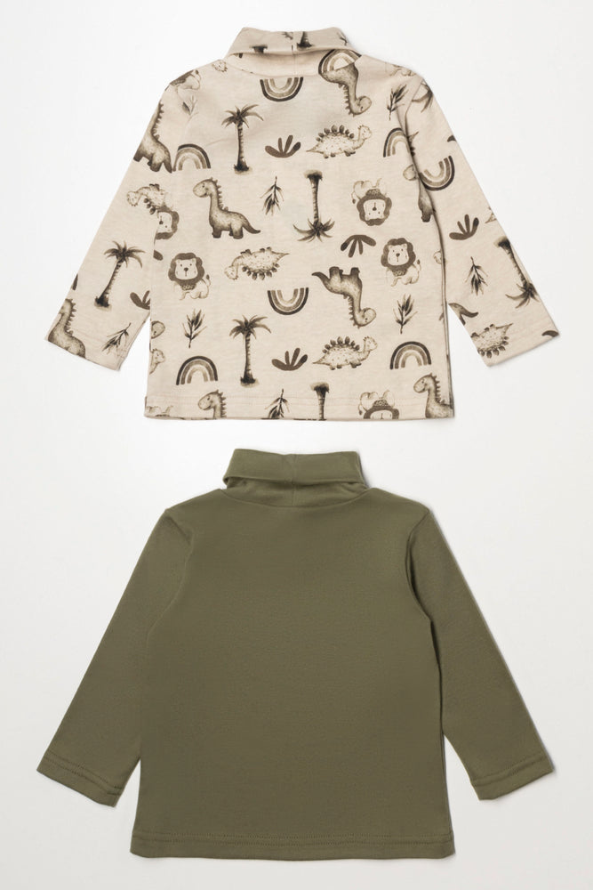 2 Pack Dinosaur Long Sleeve Polonecks Green And Natural (2)