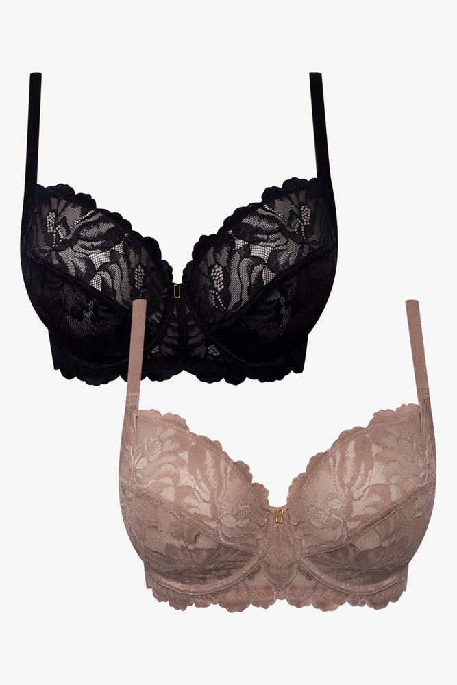 Plus Size 2 Pack Non Padded Underwire Lace Bra Black And Natural