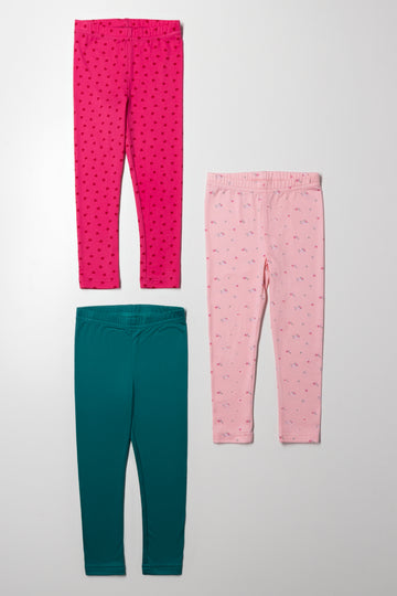 3 Pack Floral Leggings Pink And Teal