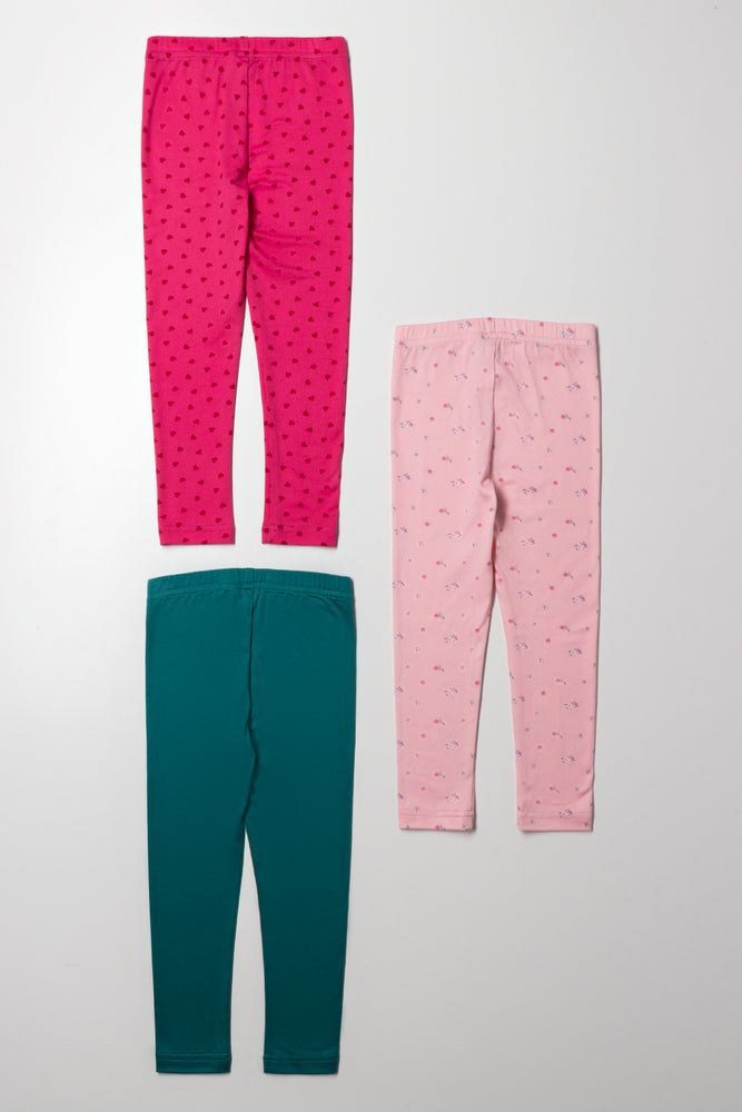 3 Pack Floral Leggings Pink And Teal (2)