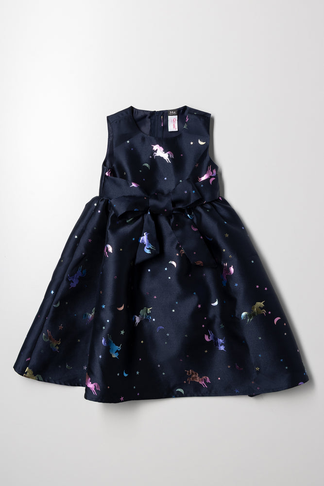 Unicorn Foil Sleeveless Dress With Bow Navy