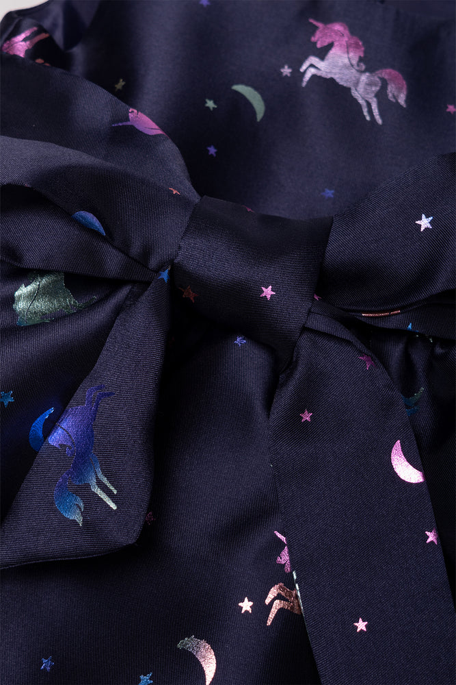 Unicorn Foil Sleeveless Dress With Bow Navy