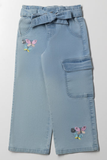 Butterfly Embroidery Wide Leg Denim Jean Blue