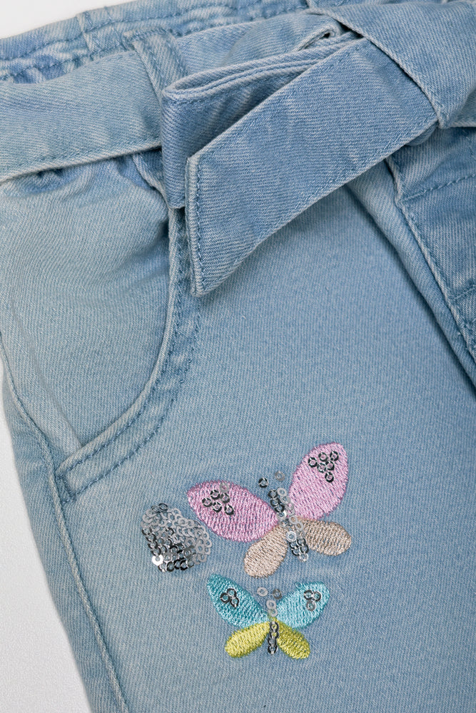 Butterfly Embroidery Wide Leg Denim Jean Blue (1)