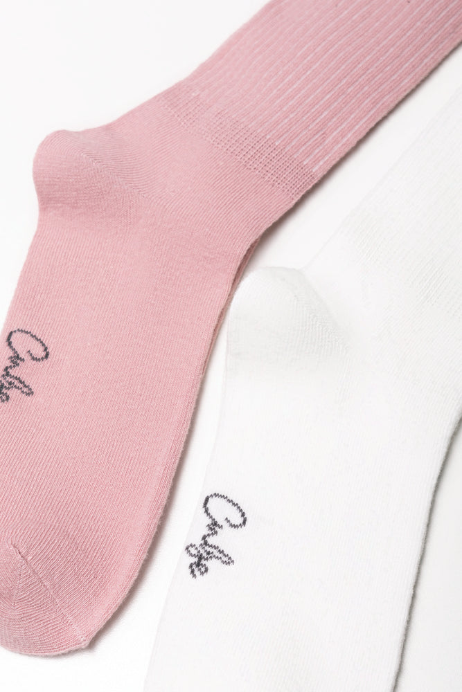 2 Pack Knee Socks White And Pink