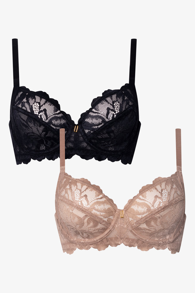 2 Pack Lace Non Padded Underwire Bras Black And Natural
