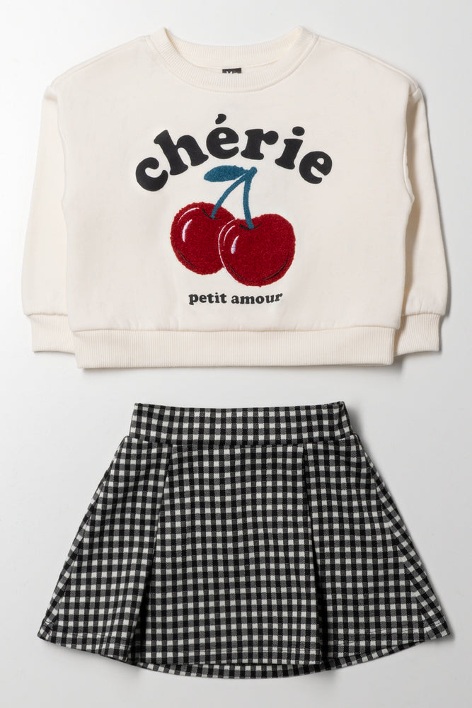 Cherry Crew Neck Tracktop And Skirt Set Natural
