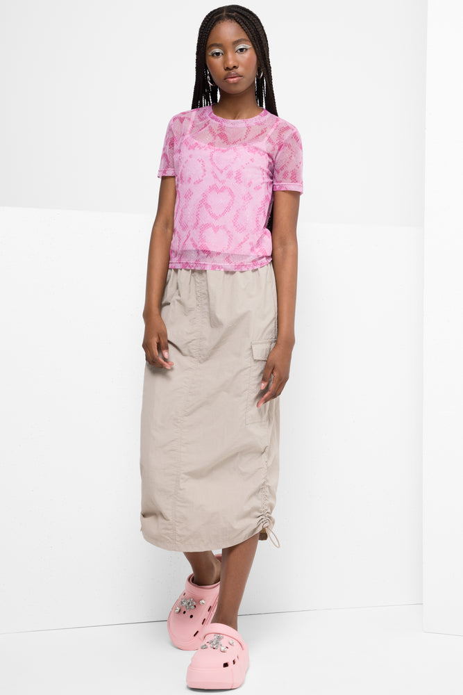 Snake Print Mesh T-Shirt With Plain Cami Pink