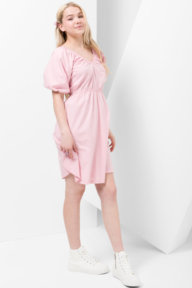 Poplin Puff Sleeve Dress Pink
