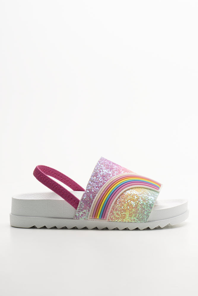Rainbow Glitter Slides White