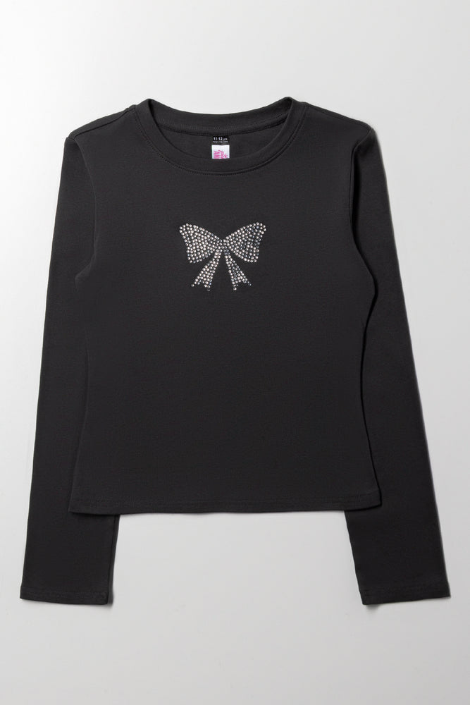 Bow Crew Neck Rib Top Black