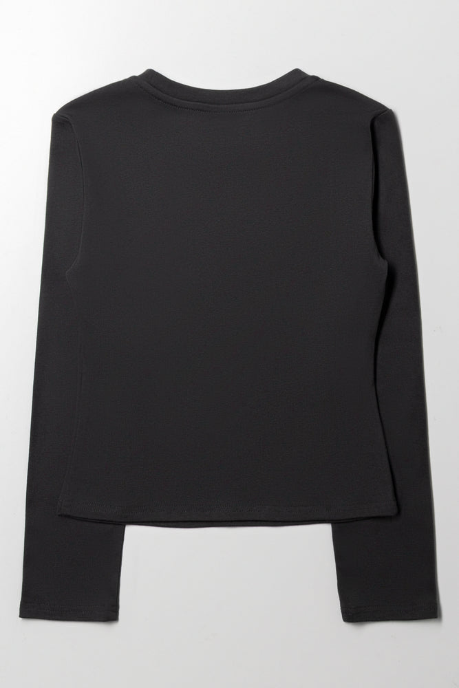 Bow Crew Neck Rib Top Black (2)