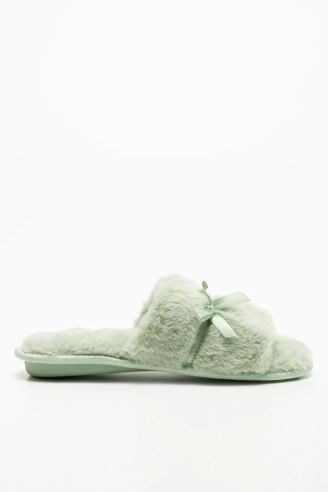 Satin Bow Open Toe Slippers Green (1)