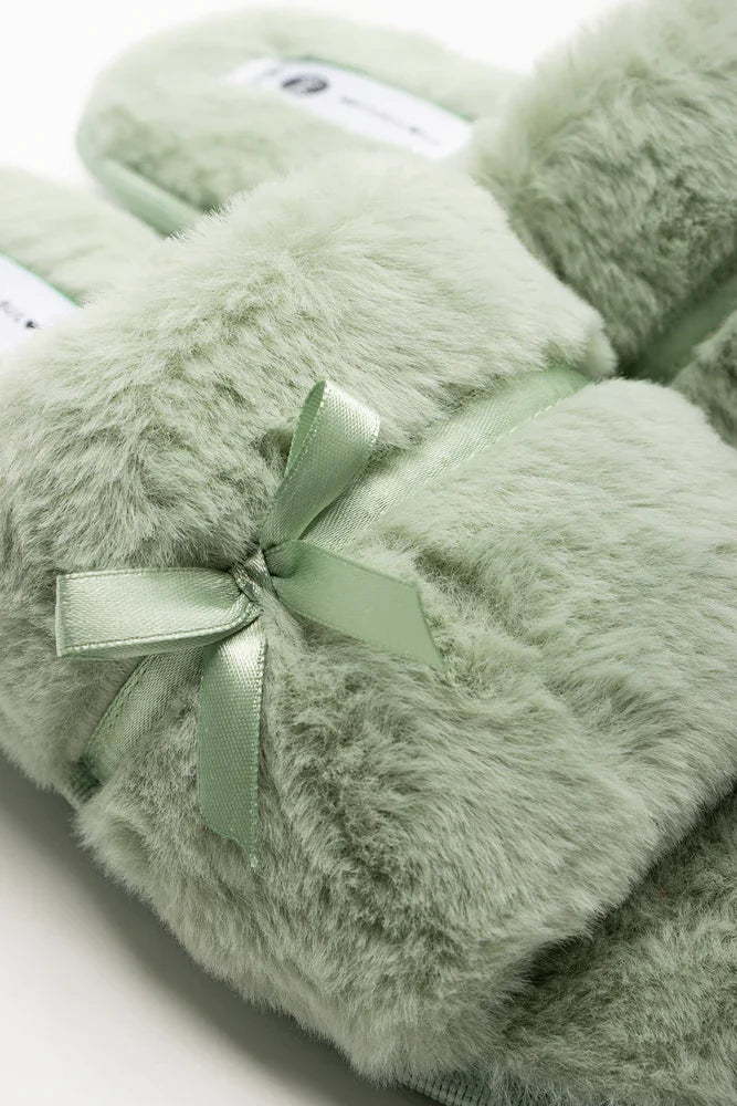 Satin Bow Open Toe Slippers Green (2)