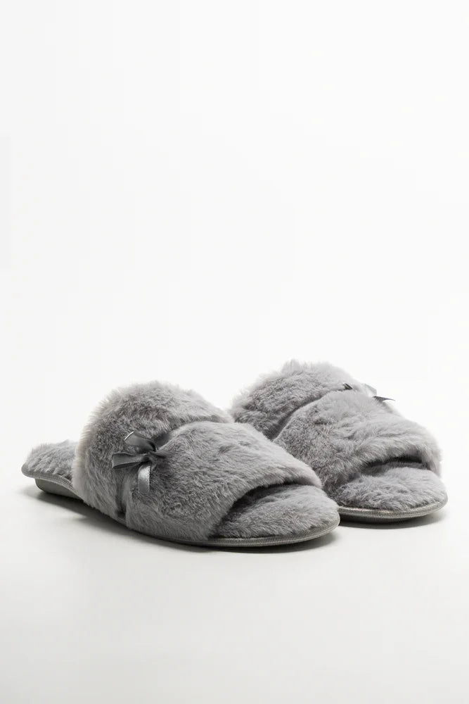 Satin Bow Open Toe Slippers Grey