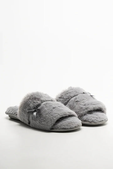Satin Bow Open Toe Slippers Grey