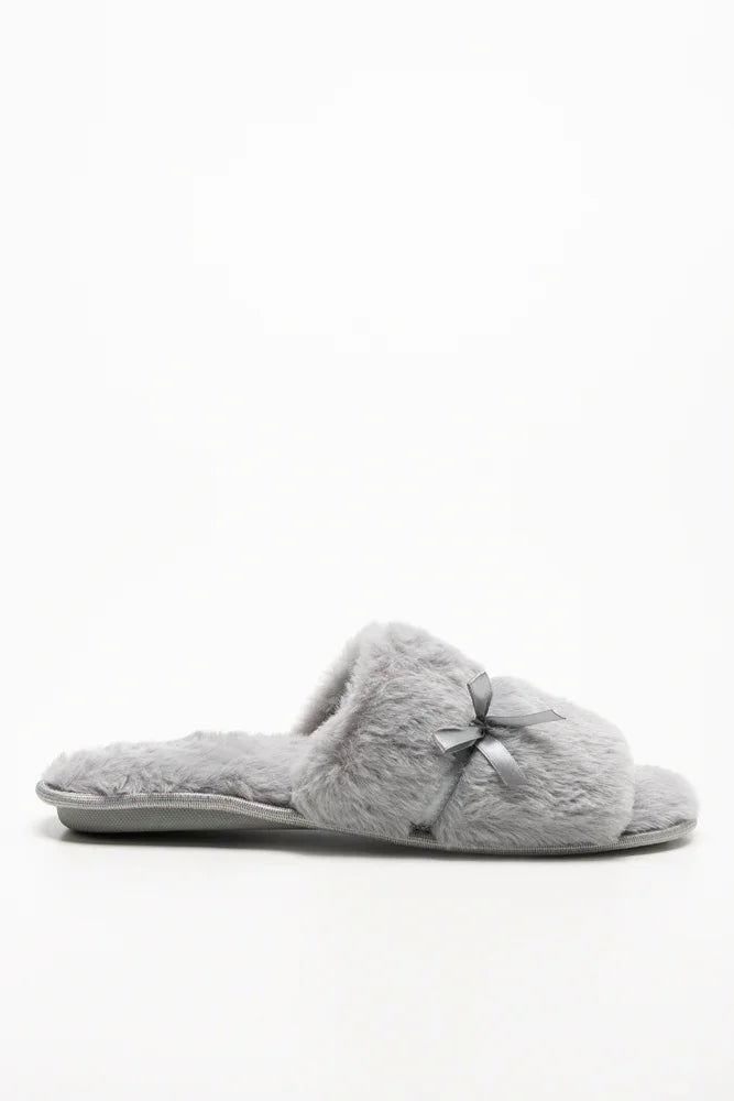 Satin Bow Open Toe Slippers Grey (1)