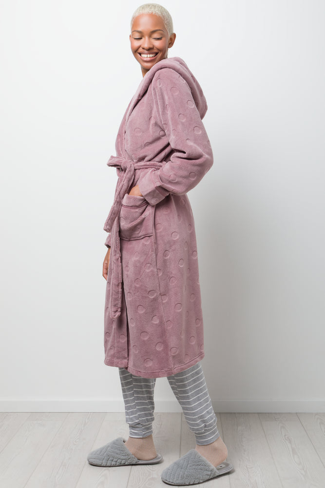 Animal Textured Hooded Fleece Gown Mocha