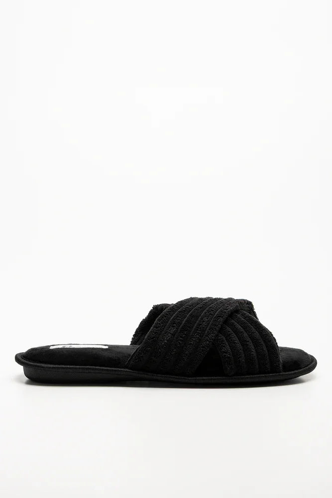 Rib Open Toe Slippers Black (1)