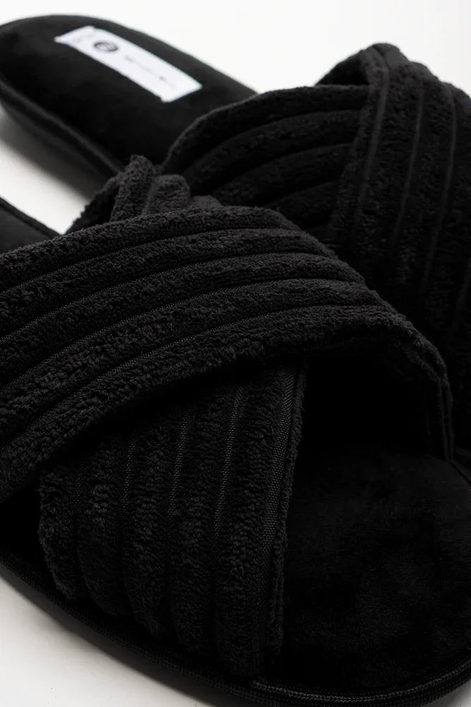 Rib Open Toe Slippers Black (2)