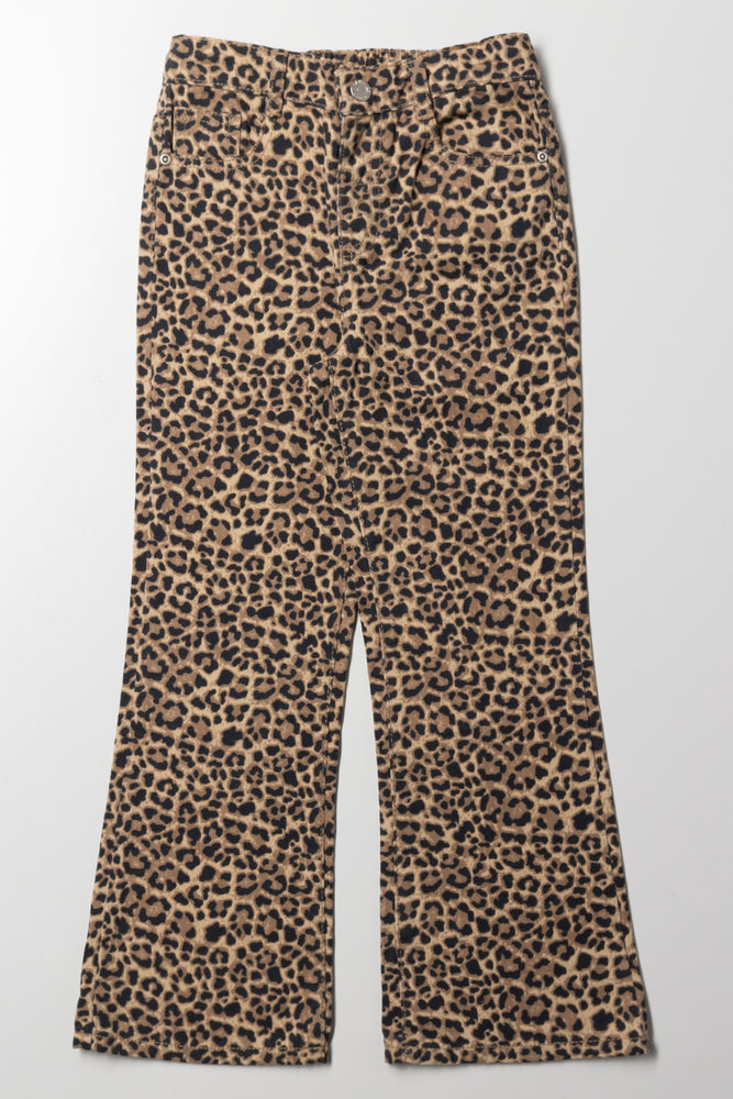 Animal Print Flare Denim Jeans Brown