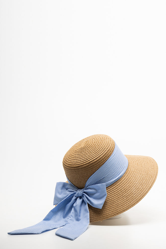 Striped Straw Narrow Brim Hat Blue