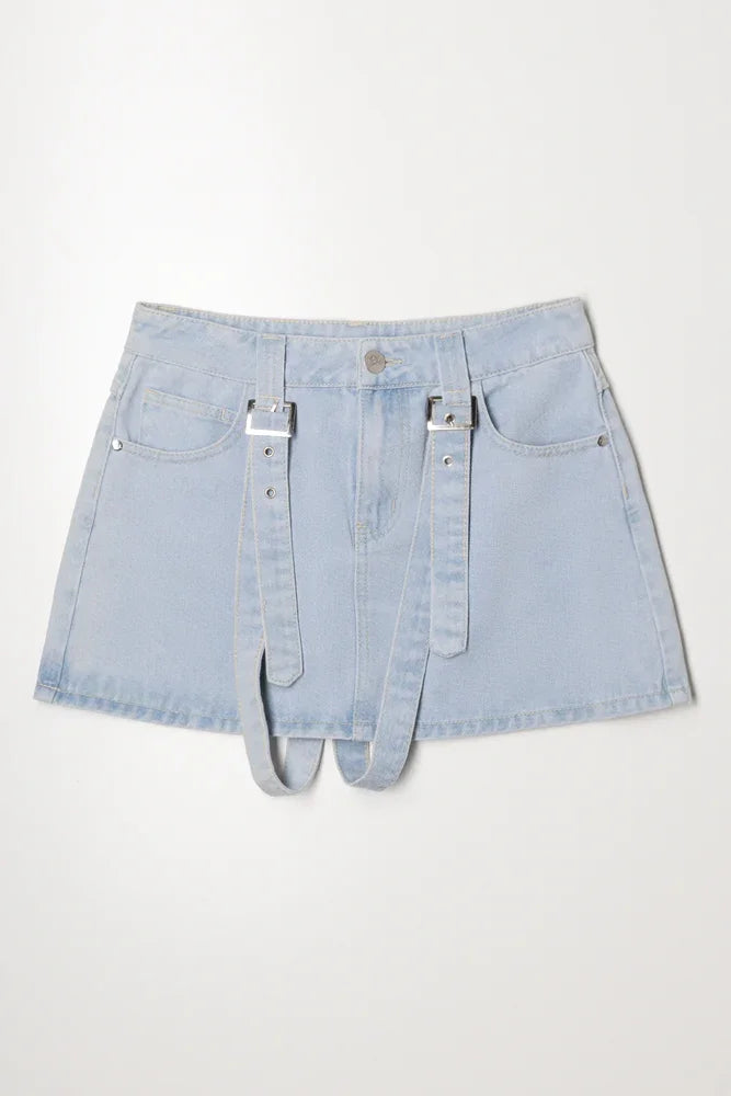 Denim Skirt With Suspender Belts Light Blue