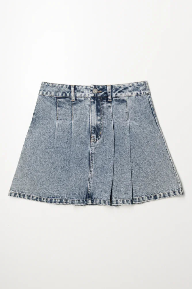 Pleated Denim Skirt Light Blue