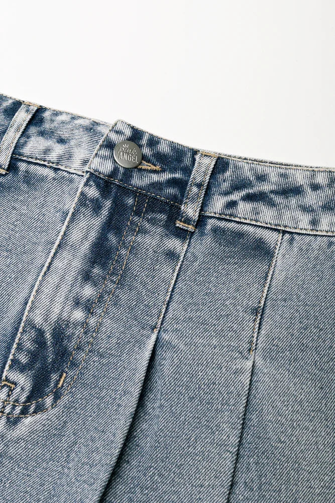 Pleated Denim Skirt Light Blue (1)