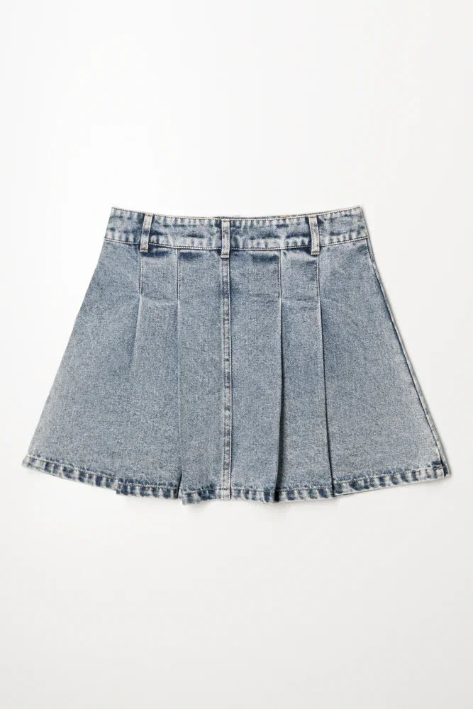 Pleated Denim Skirt Light Blue (2)
