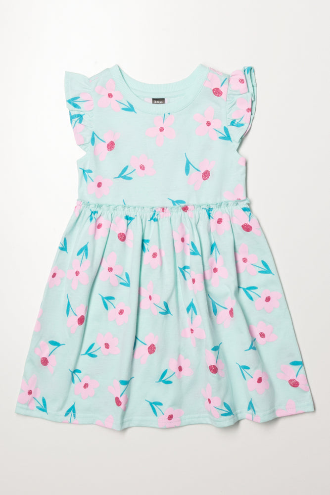 Floral Flutter Sleeve Dress Blue