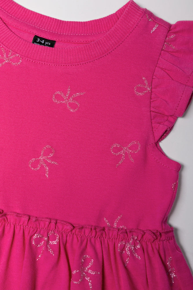 Bow Flutter Sleeve Dress Pink