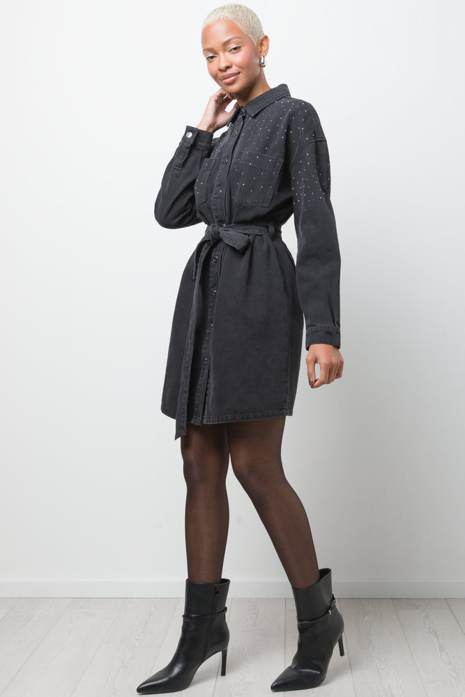 Belted Denim Dress With Sequins Black