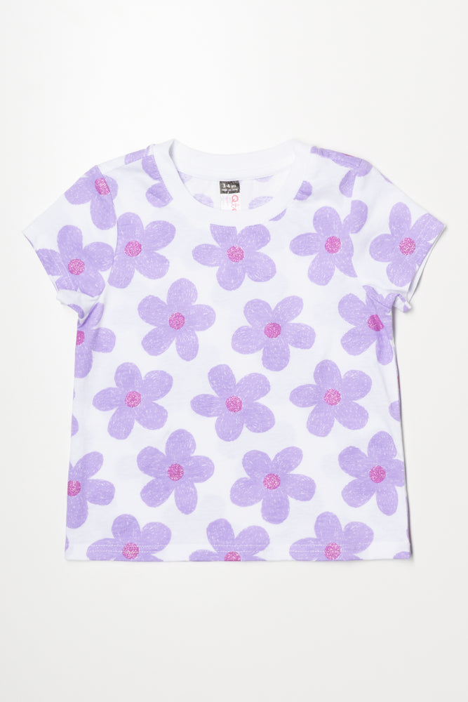 Floral Short Sleeve T-Shirt White And Purple