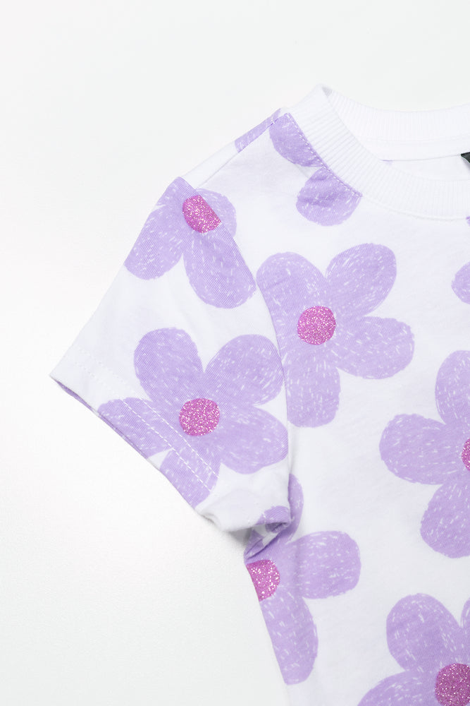 Floral Short Sleeve T-Shirt White And Purple (2)